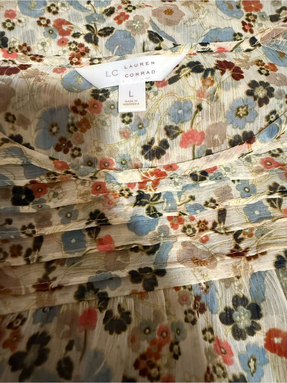Lauren Conrad Floral Pleated Blouse in Cream with Blue & Coral Flowers